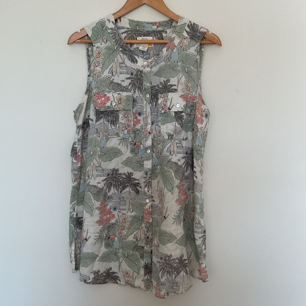 C&C CALIFORNIA 100% Linen Tunic Top 1X Toucan Bird Hawaiian Tropical Beach Palm